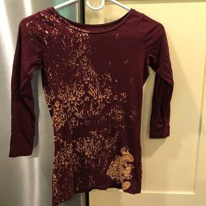 Edun Small Organic Cotton Burgundy and Gold 3/4 Sleeve Shirt